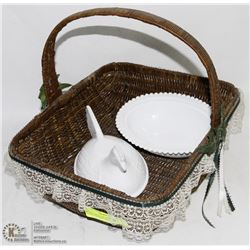 BASKET WITH VINTAGE  MILK GLASS CHICKEN DISH W/LID