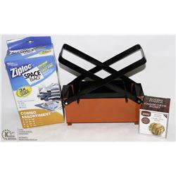LOT WITH NEWSPAPER BRIQUET MAKER, LARGE ZIPLOC