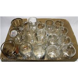 13) 20 GLASS MUGS CLEAR & SOME WITH ENGRAVINGS.