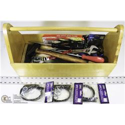 CARPENTERS TOOL BOX AND TOOLS.