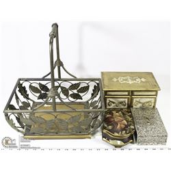 3 JEWELLERY BOXES IN A METAL LEAF FRUIT BASKET.