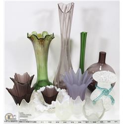 ESTATE COLLECTION OF COLORED GLASS VASES, DISHES,