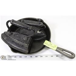 CAST IRON FRYING PAN WITH 2 VINTAGE IRONS.