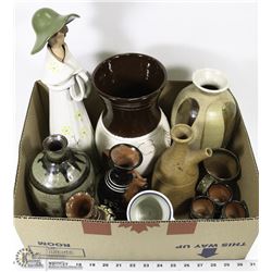 POTTERY LOT INCL VASES, CUPS, SERVING VESSELS.