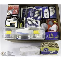 BOX OF VARIOUS LIGHT BULBS.