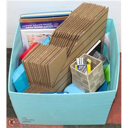 LARGE BIN OF OFFICE SUPPLIES WITH 13 NEW FILE
