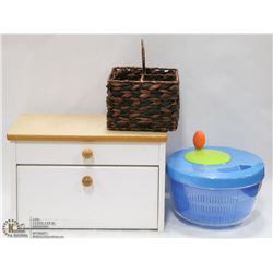 WOODEN BREADBOX WITH SALAD SPINNER AND CUTLERY