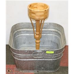 WOODEN PLANT STAND WITH METAL WASH BASIN.