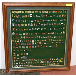 390 COLLECTIBLE CURLING PINS (FRAMED) 29"X31"