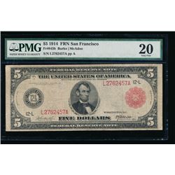 1914 $5 Large San Francisco Red Seal Federal Reserve Note PMG 20