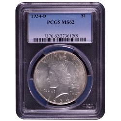 1934-D $1 Peace Silver Dollar Coin PCGS MS62