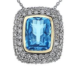 14KT Two Tone Gold 4.10ct Blue Topaz and Diamond Pendant with Chain