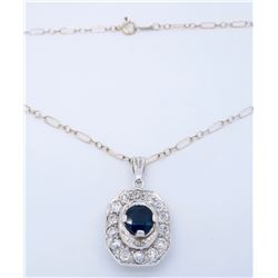 Platinum Blue Sapphire and Diamond Pendant with Chain
