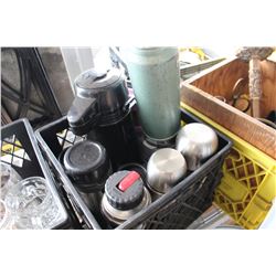 BLACK CRATE OF STANLEY ETC THERMOS