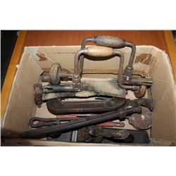 BOX OF ANTIQUE TOOLS AXEHEAD PIPE WRENCHES HAND DRILLS