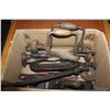 Image 1 : BOX OF ANTIQUE TOOLS AXEHEAD PIPE WRENCHES HAND DRILLS