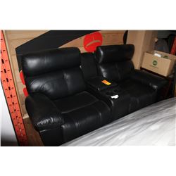 NEW BLACK LEATHER POWER RECLINING LOVESEAT WITH POWER ADJUSTABLE HEAD RESTS AND CENTER CONSOLE