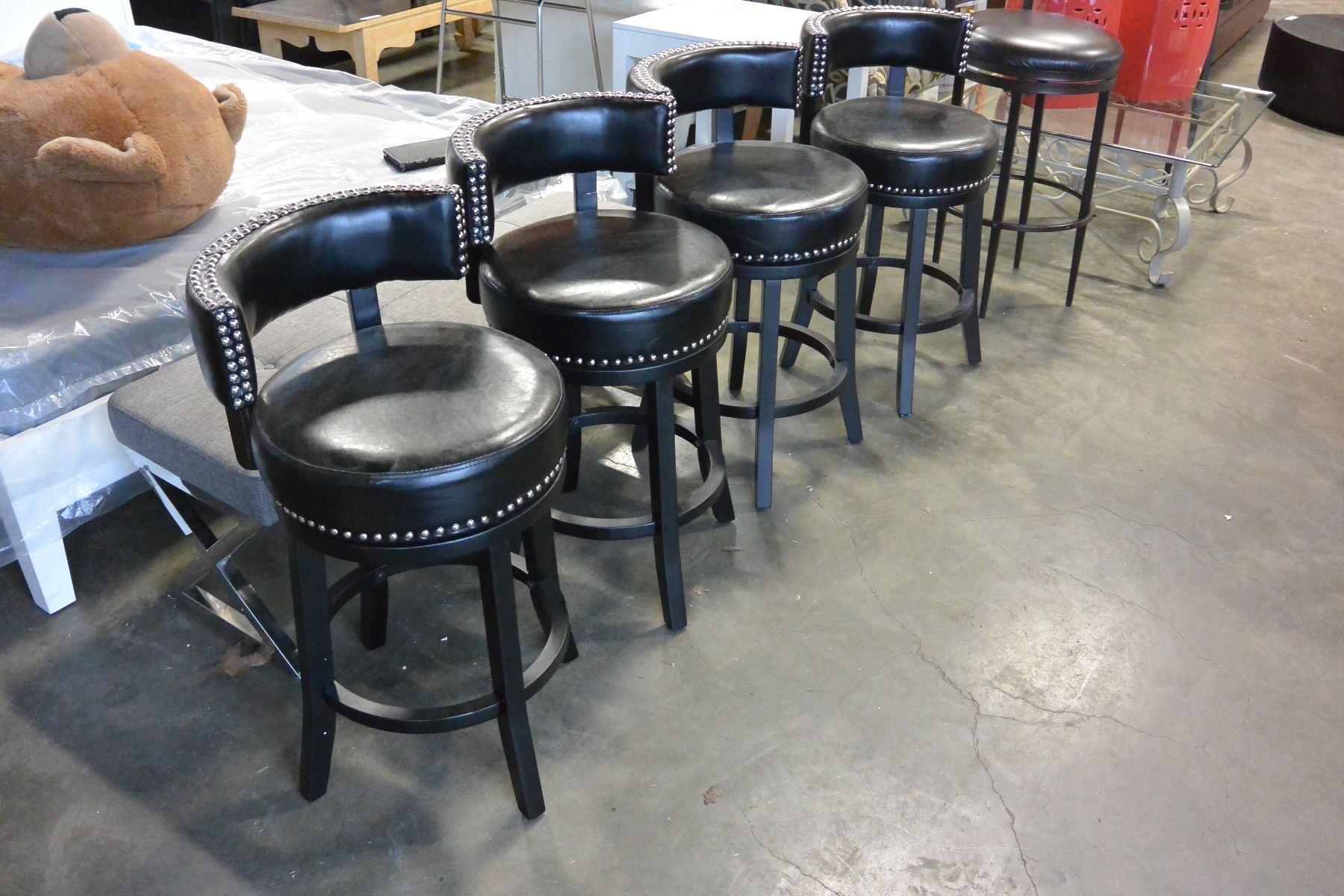 SET OF FOUR NEW BLACK STUDDED LEATHER SWIVEL BAR STOOLS