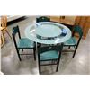 Image 2 : GREEN AND FROSTED GLASS TOP TABLE AND FOUR GREEN LEATHER CHAIRS
