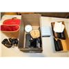 Image 2 : LOT OF BINOCULARS AND VINTAGE CLOCKS AND CAMERAS AND BOX OF LEATHER WALLETS
