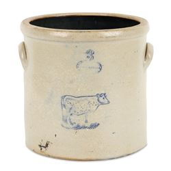 Incised Cow Cobalt Stoneware Crock
