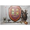 Image 1 : Selection of medieval themed wall mount collectibles including pair of swords, large wood and cast s