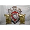 Image 2 : Selection of medieval themed wall mount collectibles including pair of swords, large wood and cast s