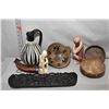 Image 1 : Selection of collectibles including powder horn, two stone carvings, seed pod bowls, carved African 