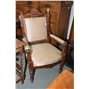 Image 1 : Antique open armed parlour chair with carved show wood, upholstered seat back and arm pads, with nai