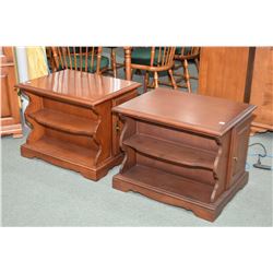 Pair of interesting maple free standing side tables with book or display shelves and pass through cu