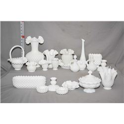 Twenty one pieces of Fenton hobnail milk glass including vases, trinket holders, lidded dish, lidded