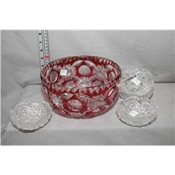 Brilliant ruby cut to clear hobstar trifle bowl with five hobstar nappies