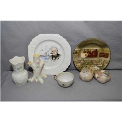 Selection of porcelain collectibles including two Belleek vases, one green mark, one black mark, Roy