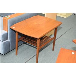 Scandinavian designed three piece teak parlour table set with coffee table with slat style under she