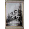 Image 1 : Framed oil on canvas painting of a black and white building along a waterline with bridge, signed by