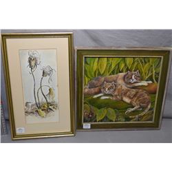 Selection of four framed cat motif pictures including original acrylic on canvas cats in a jungle si