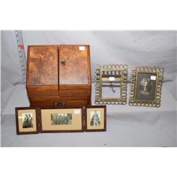 Wooden burl wood letter box with drawer, plus two antique brass photo frames, one with original beve