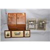 Image 1 : Wooden burl wood letter box with drawer, plus two antique brass photo frames, one with original beve