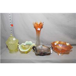 Five pieces of vintage glass including carnival fluted vase 11  in height, two footed carnival glass