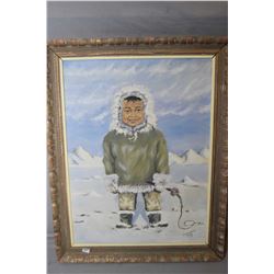 Oil on canvas painting of a young Inuit boy signed by artist C. Thrasher 24  X 18 