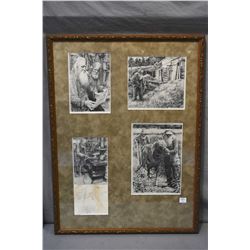 Framed collage of pencil prints by artist Paul Murray including limited edition print on bottom penc