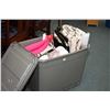 Image 1 : Tub of knitting wool and crafting supplies including fabric and placemats to make up with edging