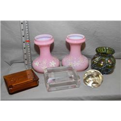 Tray lot of vintage and antique glass collectibles including a pair of cased glass vases with hand e