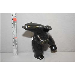 Black hand carved soapstone dancing bear, 10 1/2  in height, signed in syllabics by artist Adamie As