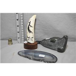 Scrimshaw whale tooth  Humpback Whale  signed by artist Daurniller, plus a carved soapstone 6  in le