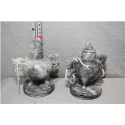 Pair of carved soapstone Foo dog motif double handled pots with Phoenix finial tops, 5 1/2" in heigh