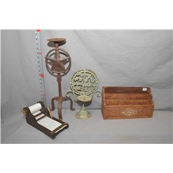 Selection of collectibles including vintage inlaid letterbox, folk art candlestick, cast candlestick