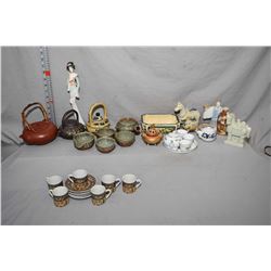 Selection of Oriental collectibles including tea pots, small Satsuma vase and incense burner, horses