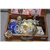 Image 2 : Wooden jewel case full of costume jewellery including beaded necklace, pins, earrings etc.