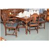 Image 1 : Antique oak refractory style draw leaf dining table and six chairs including one carver to match lot